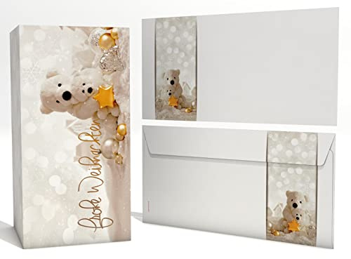 Weihnachtskarten Set | Weihnachtsbären | 10 Motivpapier DIN LANG | 10 Briefumschläge | Kuverts OHNE FENSTER im DIN LANG-Format | Karten Set
