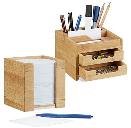 Relaxdays 2 tlg. Schreibtisch Set, Schreibtisch-Organizer mit Stiftehalter und Schubladen, Zettelbox mit Notizzetteln, Bambus
