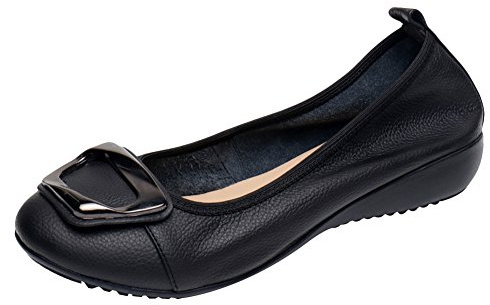 Jamron Mujer Piel Genuina Comodidad Zapatos Suela Blanda Hebilla Bailarinas Talón de Cuña Baja Pantuflas Negro SN020624 EU38.5
