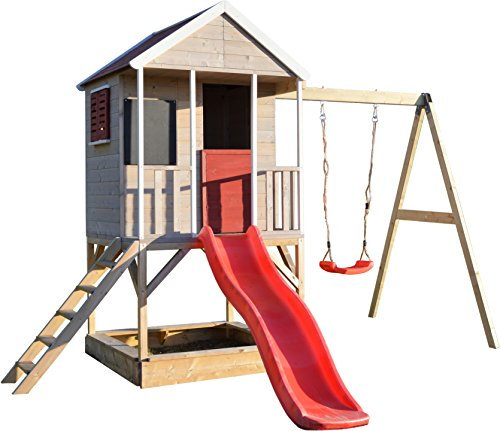 Wendi Toys M9 Stelzenhaus Kinder Outdoor mit Rutsche und Schaukel, Spielhaus Holz FSC, Sandkasten, Tafel, Kinderspielhaus Outdoor für Garten, 90cm Podest, ab 3 Jahre, Rot