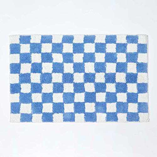HOMESCAPES Superabsorberande mjuk 100 % bomull 'Brighton' blå och vit badrumsmatta med schackbräde geometriskt mönster och halkfri latexbaksida, 50 x 80 cm stor duschmatta tvättbar