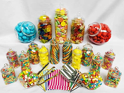 Truly Sweet Candy 19 Retro Empty Plastic Sweet Jars, 2 Scoops, 2 Tongs and 100 bags Buffet Kit, Sweet Table (Silver)