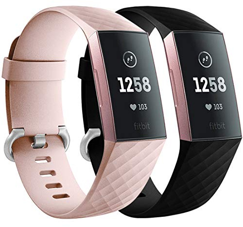 Faliogo 2-pack ersättningsarmband kompatibelt med Fitbit Charge 3 armband/Fitbit Charge 4 armband, klassiska sportband för kvinnor, män, små, svart/rosa