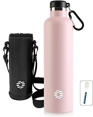 FEIJIAN Trinkflasche Edelstahl 1L mit Karabiner - auslaufsicher Thermosflasche für Kohlensäure Kaffee Tee, BPA-Frei Sport Outdoor Wasserflasche für Sprudel Uni, Schule, Camping, Fahhrad