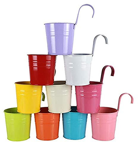 Tangpingsi Vaso da fiori decorativo, vaso da fiori sospeso in metallo, secchio arcobaleno, ringhiera multicolore per recinzione, finestra, vaso con gancio rimovibile,1 pz