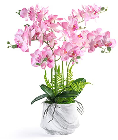 W&W Artificial Orchid Plants and Flowers with Vase, Fake Faux Silk Orchid in Ceramic Pot, 24'', Pink