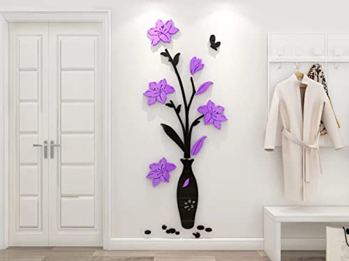 Stickers Muraux 3D Vase Autocollants ​Fleurs Miroir DIY Carthame Art Sticker Mural Romantique Famille Décoration Mur Autocollant Fond Chambre Décoration Chambre Murale