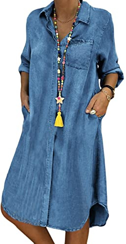 ORANDESIGNE Robe Été Femme De Plage Rétro Denim Robes Col V Casual Tuniques Ample Bouton Chemise Longue Chemisier en Jean Mini Robe