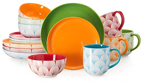 DOWAN Ceramic Dinnerware Set, Service for 4, 16-Piece Dish Set, Colorful Dinner Plates, Dessert Plates, Coffee Mugs and Soup Cereal Bowls Set for Home Kitchen Decor, Housewarming Gift
