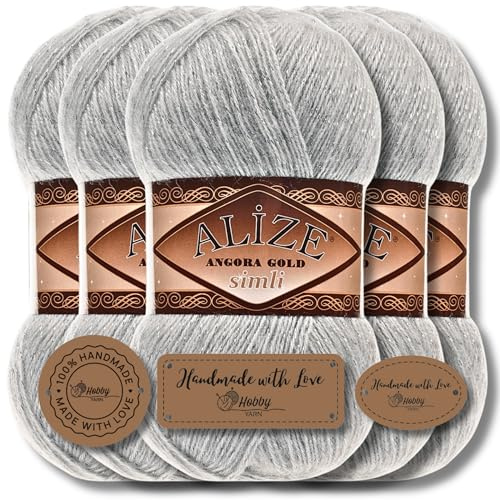 Hobby YARN 3x Etikettenlabel mit Alize Angora Gold Simli Glitzer Wolle Premium 5x100g als Set, Yarn, Garn, Schurwolle, Uni, Strickgarn zum Häkeln, Stricken, Kleidung (Grey - 21)