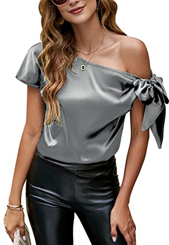 VIDUSSA Dam Off Shoulder Silk Toppar Casual Kortärmad Asymmetrisk Nacke Satin Blus Skjortor, Grå, M