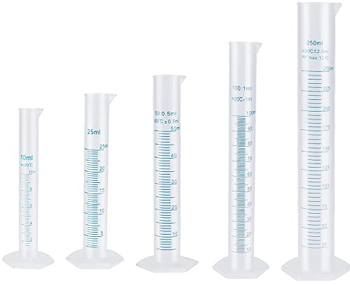 KOMUNJ 5pcs Plastic Graduated Cylinder Beaker 10ml 25ml 50ml 100ml 250ml Measuring Cylinder Transparent Lab Test Tube Liquid Measuring Tools