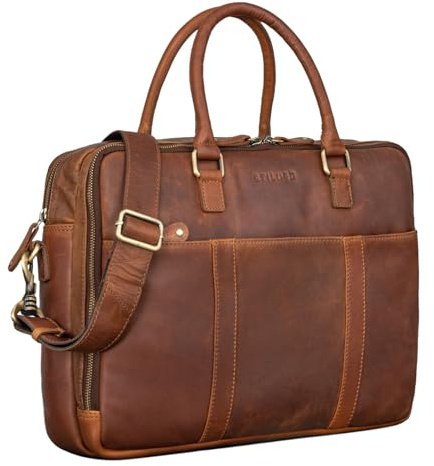 STILORD Drake Businesstasche Leder Groß Vintage Aktentasche XL Ledertasche Laptoptasche für Arbeit Büro Umhängetasche Aufsteckbar Echtleder Farbe:Cognac - braun