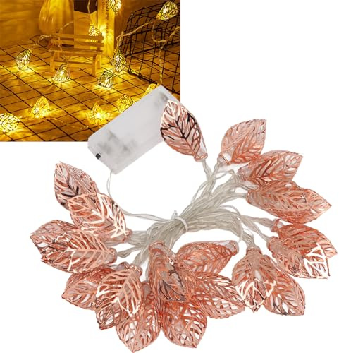 Leaf Garland String Lights, Total 20 LED, Rose Gold Indoor Outdoor Leaves String Lights, Battery Operate Leaf Lights String for Home Party Fireplace Outside Decor, Warm Light
