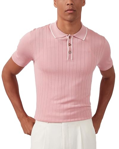 Kallspin Vintage Polos de Punto para Hombre Jerseys de Manga Corta Camisas de Golf Tops de Playa de Verano(Rosa,M)