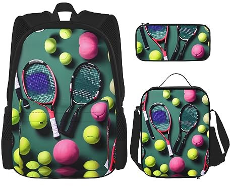 KoNsev 3-teiliges Rucksack-Set, lustige Tennisschläger und Tennisbälle, bedruckte Rucksäcke, Set mit Lunch-Tasche, Federmäppchen