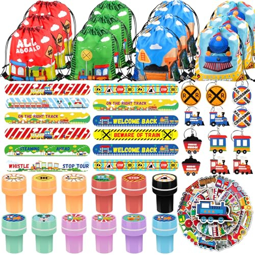TOQI 98 Pcs Train Party Favors,Train Print Party Supplies Include Stickers Stamps Keychains Slap Bracelets and Drawstring Bags Party Decorations for Kids TrainTheme Birthday supplies (A-Train)