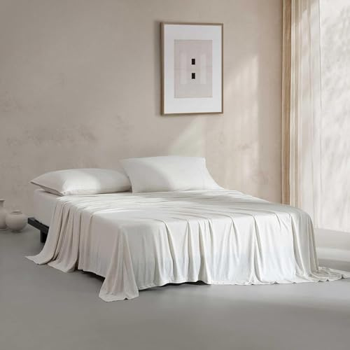 Calvin Klein - King Size Sheets Set, Naturally Soft Cotton-Blend Melange Jersey Bedding - Bed Sheets with Matching Pillowcases & Fitted Sheet (Modern Cotton Ivory/Grey)