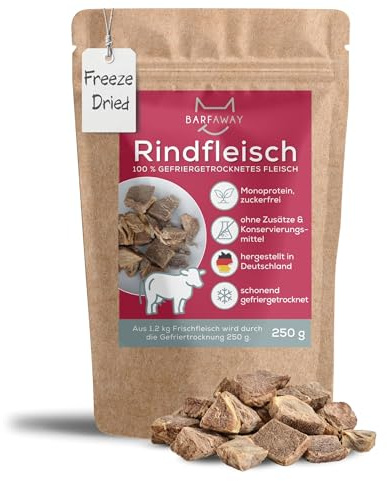 BARFAWAY gefriergetrocknetes Rindfleisch, Premium Muskelfleisch, gesunde Hundeleckerlies, getreidefrei, zuckerfrei, 100% natürlich ohne Zusätze, Deutsche Herstellung, 250 g