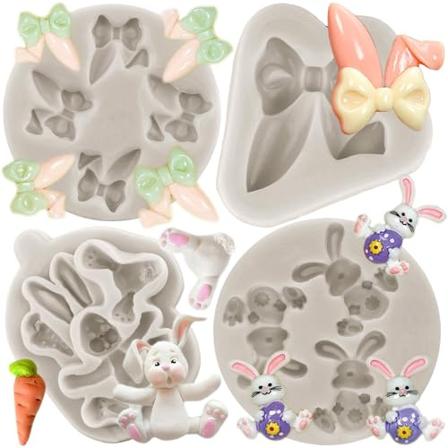 MYPRACS 4 Stück Osterei Kaninchen Silikonform Hasenohren Fondant Formen | Schokoladen Kuchendekoration Cupcake Topper Süßigkeiten Gummipaste