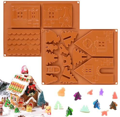 Silikonform Weihnachten 2 Stück, RUNEAY Silikonform Haus Schokoladenform Weihnachten, 3D Silikonform Lebkuchenhaus Weihnachten Haus Silikonformen Backen, Silikonformen für Schokolade, Kekse, Muffins