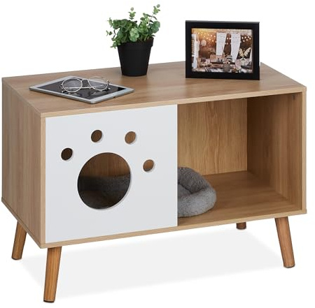 Relaxdays Katzenschrank mit Eingang, HBT: 50x75x40 cm, Katzenklo verstecken, Schlafplatz, Katzenhöhle Indoor, Natur/weiß | Katzenklo verstecken, Schlafplatz, Katzenhöhle indoor