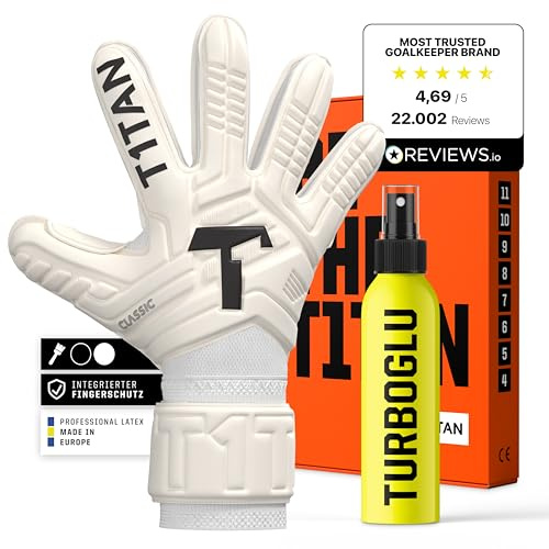 T1TAN Training Torwarthandschuhe Kinder, Herren Classic White Out, Fingerschutz Gr. 4-11, Torhüterhandschuhe Erwachsene, Tormannhandschuhe Jugendliche, Torwarthandschuhe Kinder, 5-15+ Jahre