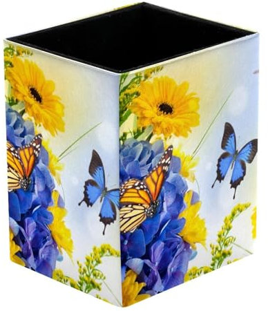 Pen Holder Square Pencil Holder for Desk, Flowers Butterflies Digital Hydragea Daisies Blue Pen Pot Pen Cup Makeup Brushes Holder Stand Display Desk Stationery Organiser for Home Office School