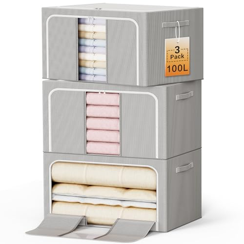 LeArex Clothes Storage Bins with Metal Frame Foldable Storage Box Clothes Organizers Storage Containers for Clothes Sheets Blankets Books Toys Gifts and Holiday Decorations (100Lx3 Pack)