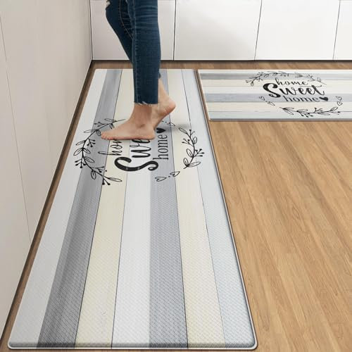 Arttown Küchenteppich gegen Ermüdung, 2er-Set, graue Holzblätter, moderne gepolsterte Küchenbodenmatte, Stehmatte, wasserdicht, rutschfest, Küchenmatten und Teppiche, PVC, ergonomischer
