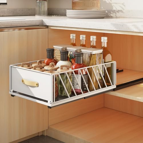 SAYZH Teleskopschublade, Ausziehbarer Schrank Organizer, Ausziehbarer Schrank Organizer für Küchenschrank Innenschublade, Pull Slide Out Telescopic Drawer, 40 cm (T) x 30 cm (B), Weiß