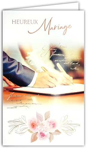 13-6169 Carte Porte-Billet avec Enveloppe Heureux Mariage Félicitations aux Mariés pour Couple Homme/Femme registre ouvert mairie église Témoins de leur Amour Fleurs Roses - Fabriqué en Europe