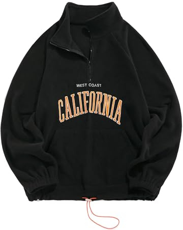 ZAFUL Cuarto Zip Polar Fleece Sudadera Hombre Vintage Cuello Alto Bloque de Color/Gráfico/Letra Bordada Manga Larga para Otoño Invierno, 2 negros., XXL