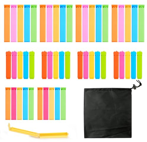 50 Piece Reusable Food Sealing Clips Set, 3 Sizes, 5 Colours, Plastic | Press-Close Design Helps Keep Opened Bags Tidy and Fresher for Longer, with Rectangular Shapes for Easy Grip and Storage