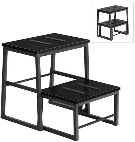 LIANTRAL 2 in 1 Tritthocker für Erwachsene Kinder, 2 Stufen hölzerner Hocker mit 160 kg Tragkraft, Metallrahmen, Hochbett Fußhocker, Rutschfester Tritthocker für Küche, Büro, RV - Schwarz
