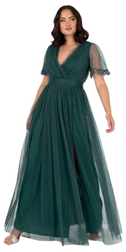 Anaya with Love Damen Ladies Maxi for Women V Neckline Short Sleeve Frilly Long Empire Waist Wedding Guest Bridesmaid Maid of Honour Dress, Emerald Green, 46 EU