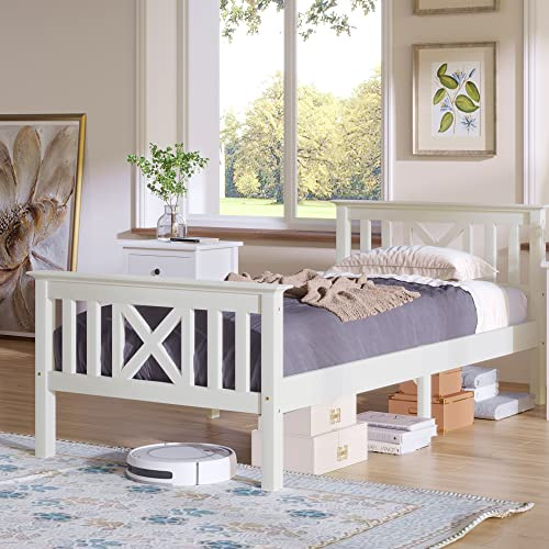REXO Cama individual de madera con somier, cama de madera con cabecero de madera maciza de pino blanco (90 x 200 cm)