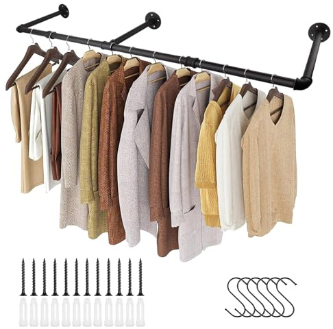LOLYSIC Wall Mounted Clothes Rail - 140cm 55 Black Industrial Pipe Clothing Rail with 6 S-Hooks, Heavy Duty Metal Clothes Hanging Rail for Bedroom Wardrobe Closet Storage, Includes Fixing Kit