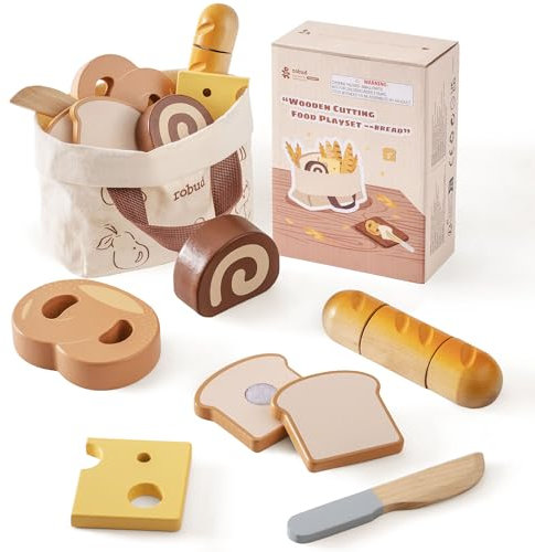 ROBUD Wooden Toy Food Set, Cutting Toy Food for Pretend Play Kitchen Accessories Toy Food Playset with Storage Bag, Toys Gifts for 3+ Year Old Girls Boys, Baking Set