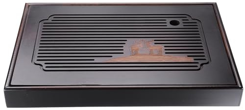 QUARKZMAN Plateau Thé Chinois Gong Fu En Bambou 13.8 Motifs Sculpture Exquis Plateau Thé Meuble Table Thé En Bambou bordeauxtage Avec Boîte Stockage D'eau Pour Boire Du Thé Marron