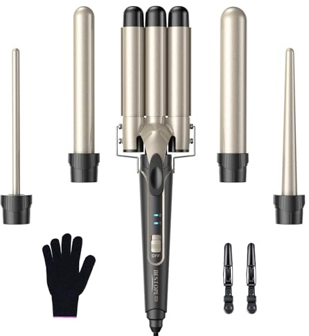 BESTOPE PRO Lockenstab set 5 in 1 Welleneisen - Lockenstäbe 3 Fässer für Große Keine Locken Keramik Lockenwickler mit Verschiedenen Aufsätzen mit Handschuh und 2 Clips
