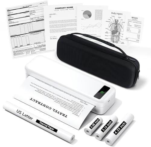 Imprimante Thermique Portable A4 sans Encre Mobile Bluetooth avec iOS et Android, Équipé d'une Mallette et de 4 Rouleaux de Papier Thermique, Convient pour les Voyages, le Bureau et la Maison, Blanc