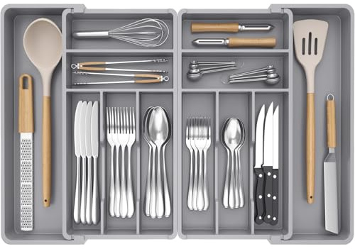 Lifewit Extra Large Cutlery Drawer Organsier, Extendable Utensil Tray for Kitchen, Silverware and Flatware Holder, Compact Plastic Storage for Spoons Forks Knives, 46-70x42cm, 12 Sections, Grey