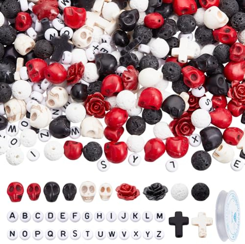 NBEADS 460 Stk. Halloween Totenkopf Perlen Kit, Synthetische Türkis Kreuz Perlen Natürliche Lava Rock BLUMENNn Rose Spacer Perlen für Schmuckherstellung Armbänder Halsketten DIY Crafts