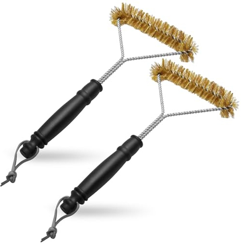 2 Pack Brass BBQ Brush for Grill Cleaning, Heavy Duty Brass Wire Brush with 30cm Heat-Resistant Handle Accessories Oven Cleaner Tools Triangle Barbecue Brushes for All Types of Grills