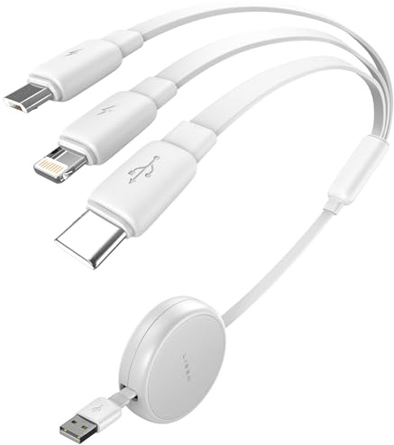 LISEN Multi Ladekabel Einziehbar für iPhone 17, 3A Ladekabel 3 in 1 Schnellladekabel mit Micro/Type C/Lighting USB C Kabel für iPhone 15/14/13/12/11,iPad Pro, Samsung Galaxy S22/S20/S10,Kindle,Weiß