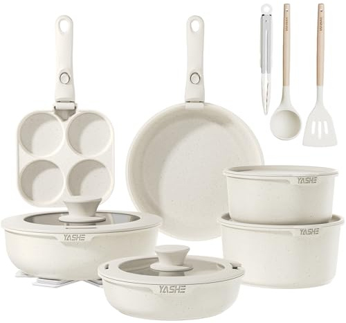 YASHE 20-Piece Pots and Pans Sets with Removable Handles, Non-Stick Cookware Set, Stackable Granite Pots and Pans with Glass Lids, Space-Saving for Campervans