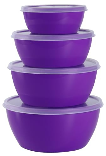 SCWBOEII 4-Piece Classic Plastic Prep Bowls with Lids, Nesting Plastic Small Mixing Bowl Set for Mixing, Baking, Prepping, Cooking and Serving Food, Microwave and Dishwasher Safe (Purple)