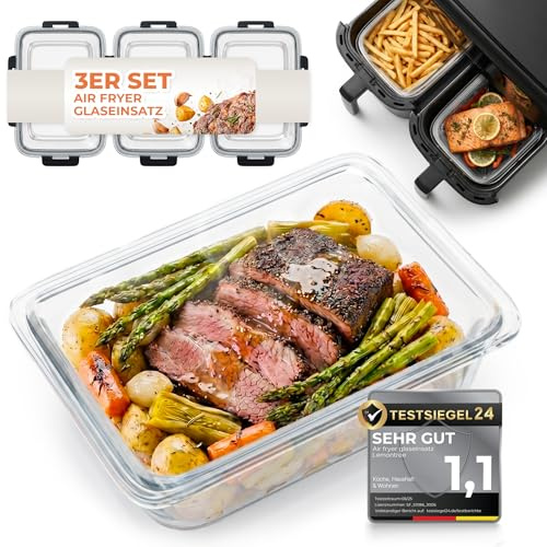 Lemontree Glasbehälter für Airfryer – Auflaufform Airfryer Zubehör mit Deckel, BPA-frei, spülmaschinenfest & hitzebeständig bis 300°C – Glasschalen Set als Einsatz für Heißluftfritteuse