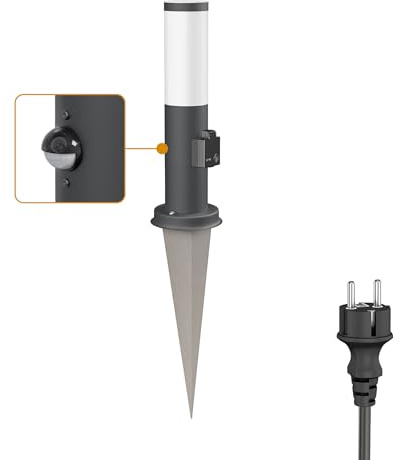 ledscom.de Pollerleuchte PORU Sensor mit Erdspieß und 2m Kabel für außen, 38cm, anthrazit 1xE27 max.15W Steckdose